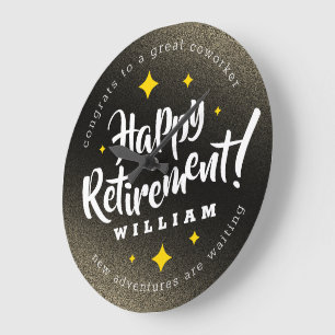 Fun Gold Glitter Stars Retirement New Adventures Large Clock