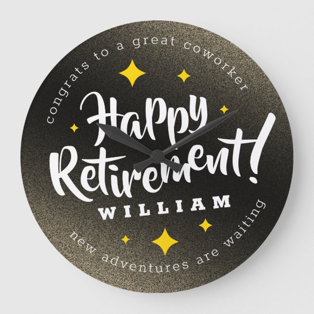 Fun Gold Glitter Stars Retirement New Adventures Large Clock (Front)