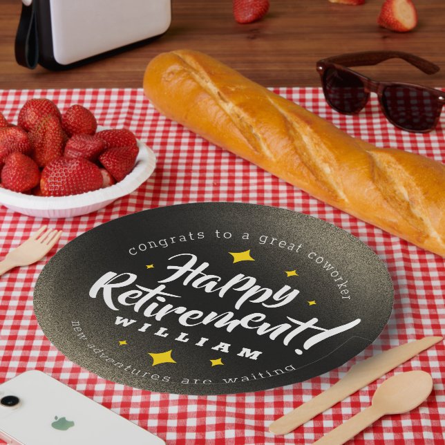 Fun Gold Glitter Stars Retirement New Adventures Paper Plates (Picnic)