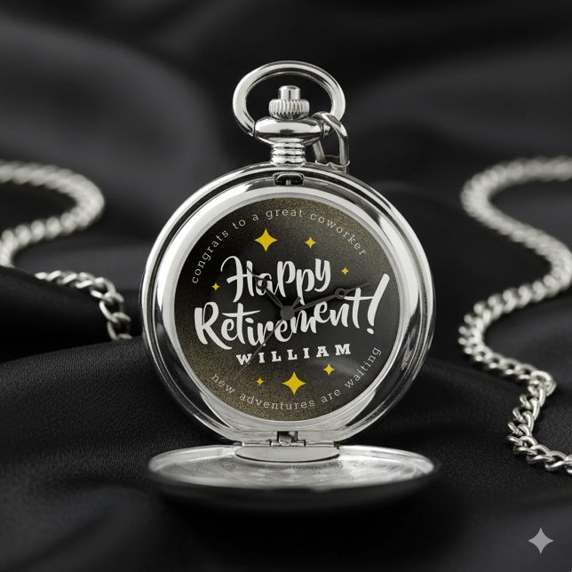 Fun Gold Glitter Stars Retirement New Adventures Pocket Watch (Fun Gold Glitter Happy Retirement Pocket Watch Cover Photo)