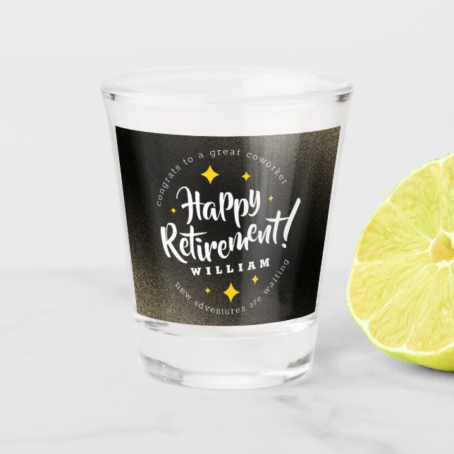 Fun Gold Glitter Stars Retirement New Adventures Shot Glass (Front)