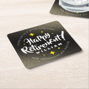 Fun Gold Glitter Stars Retirement New Adventures Square Paper Coaster