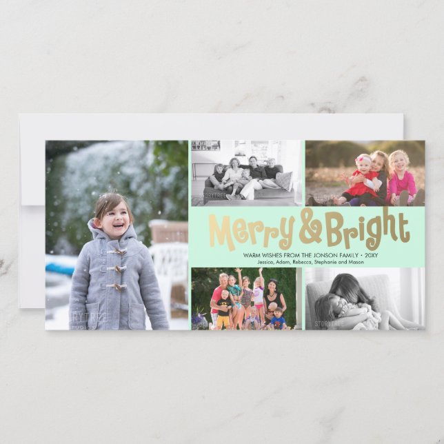 Fun Gold Merry Bright Collage 5 Photo Card Mint (Front)