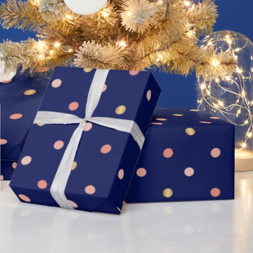 Fun Gold Pink and Coral Polka Dots on Navy Blue Wrapping Paper