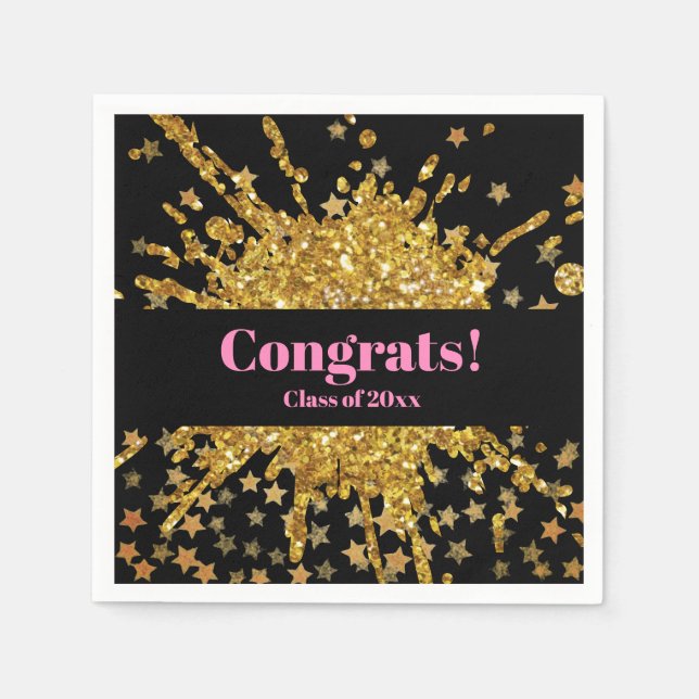 Fun gold pink sparkle glitter graffiti paint stars napkins (Front)