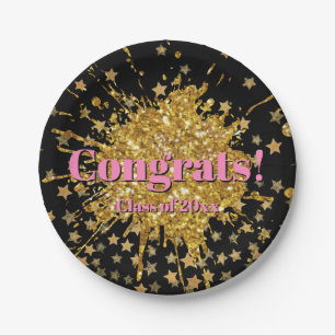 Fun gold pink sparkle glitter graffiti paint stars paper plates