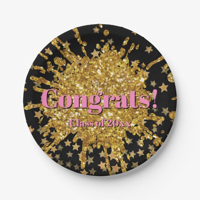 Fun gold pink sparkle glitter graffiti paint stars paper plates (Front)