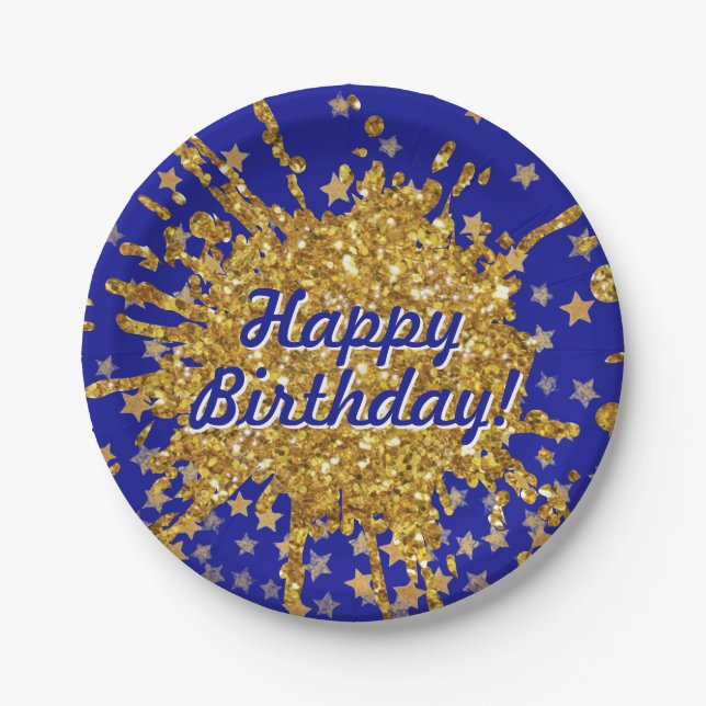 Fun gold pink sparkle glitter graffiti paint stars paper plates (Front)