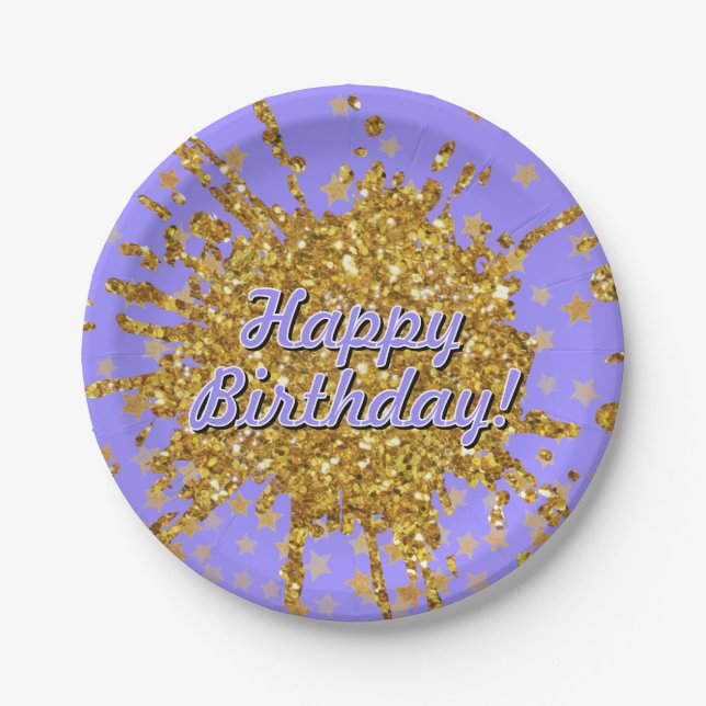 Fun gold pink sparkle glitter graffiti paint stars paper plates (Front)