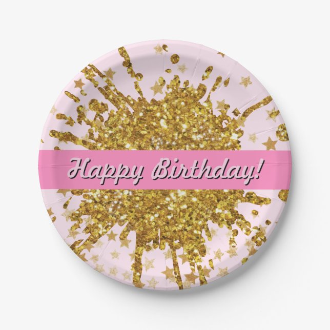 Fun gold pink sparkle glitter graffiti paint stars paper plates (Front)
