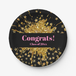 Fun gold pink sparkle glitter graffiti paint stars paper plates