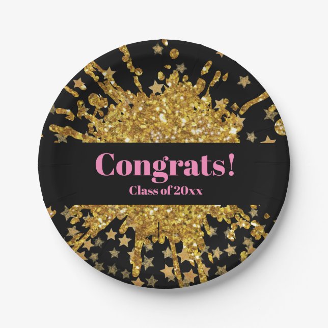 Fun gold pink sparkle glitter graffiti paint stars paper plates (Front)