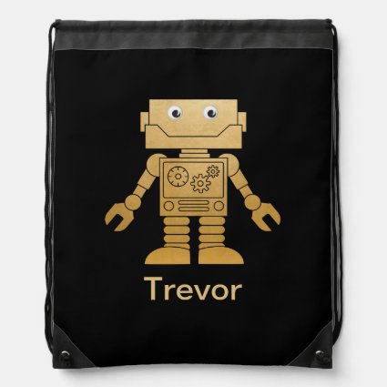 Fun Gold Robot on Black Drawstring Bag