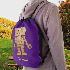 Fun Gold Robot on Purple Drawstring Bag