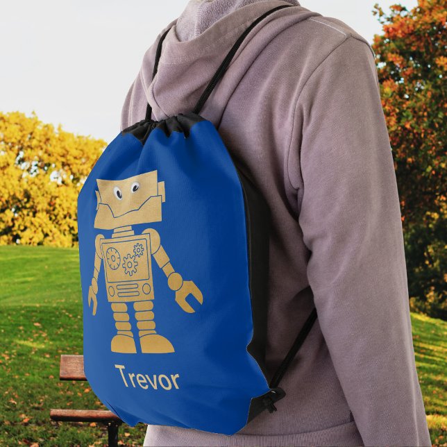 Fun Gold Robot on Royal Blue Drawstring Bag (Creator Uploaded)