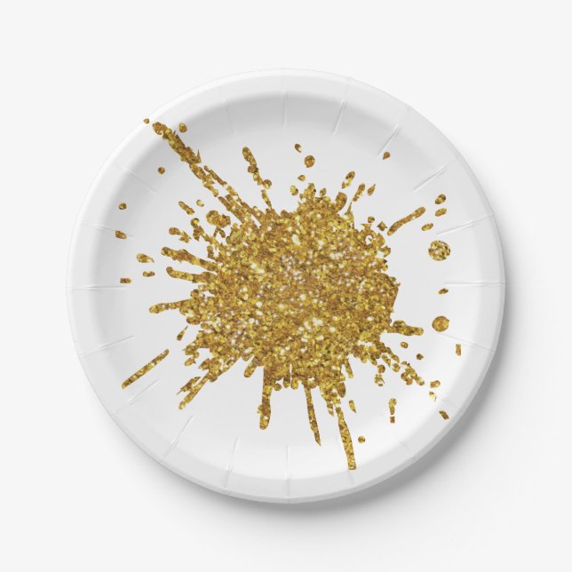 Fun gold sparkle glitter graffiti paint drip   paper plates (Front)