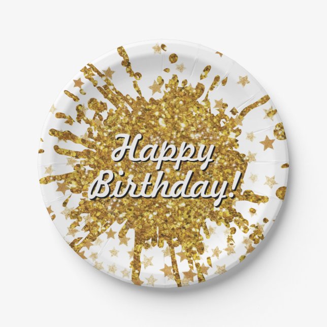 Fun gold sparkle glitter graffiti paint drip stars paper plates (Front)