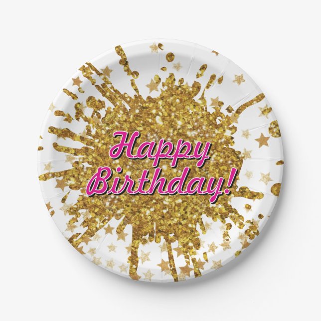 Fun gold sparkle glitter graffiti paint drip stars paper plates (Front)