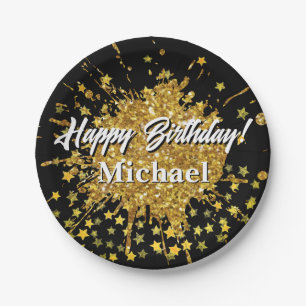 Fun gold sparkle glitter graffiti paint drip stars paper plates