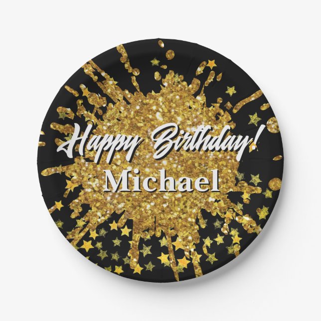 Fun gold sparkle glitter graffiti paint drip stars paper plates (Front)