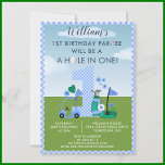 Fun Golf Blue 1st Birthday Par-Tee Invitation<br><div class="desc">You will so enjoy sending out this charming and unique invitation  - with the charming golf grouping surrounding the "one" - completed with his script name.  Any design questions just send a chat and we'll be delighted to assist.</div>