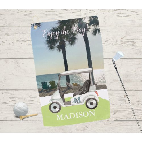Fun Golf Cart Beach Monogram Name Golf Towel