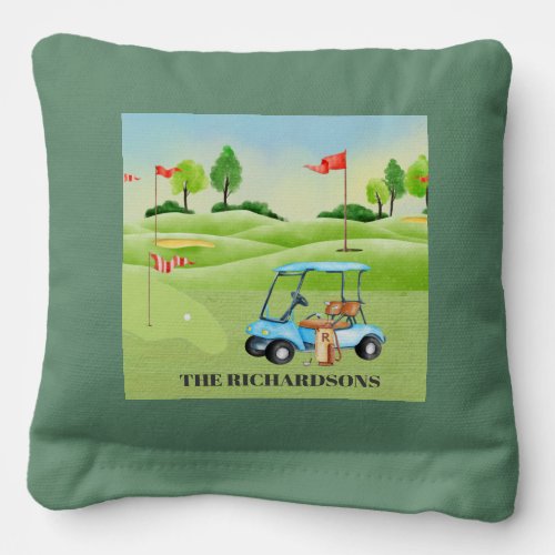 Fun Golf Course Greens Cart Monogram Name  Cornhole Bags
