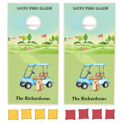 Fun Golf Course Greens Cart Monogram Name   Cornhole Set