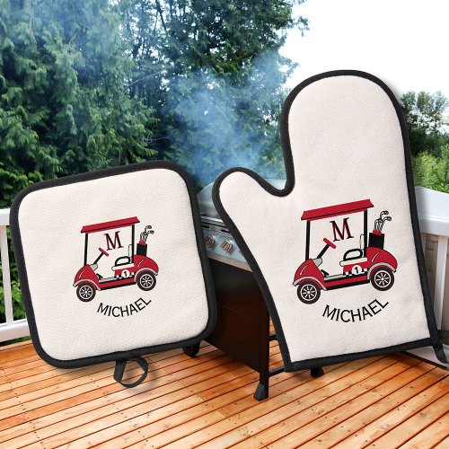Fun Golf Guy Cart Custom Monogram Name Oven Mitt  Pot Holder Set