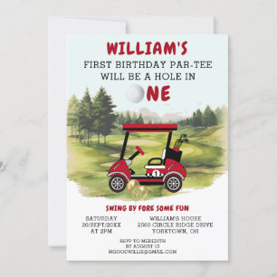 Fun Golf Red Cart Boy 1st Birthday Par-Tee Invitation