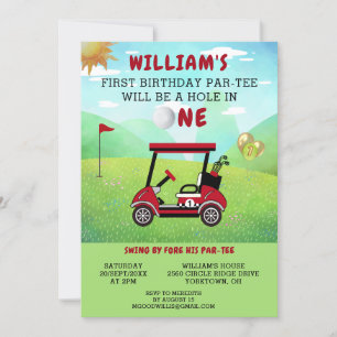Fun Golf Red Cart Boy 1st Birthday Par-Tee  Invitation