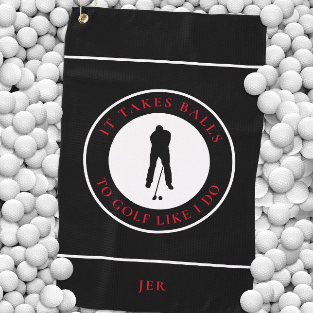 Fun Golfer Balls Humor Pun Modern Black & Red Golf Towel (Creator Uploaded)