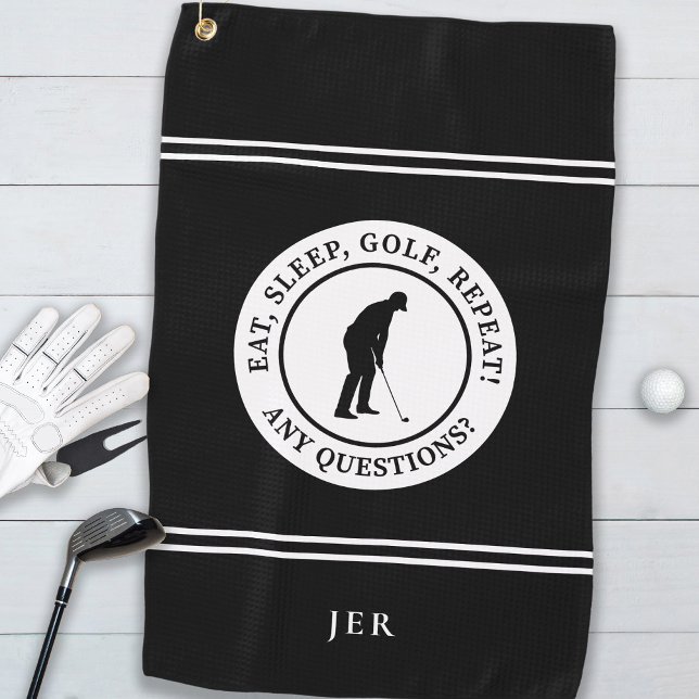 Fun Golfer Modern Monogram For Him Black & White   Golf Towel (Creator Uploaded)