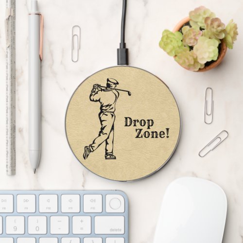 Fun Golfer Sport Design Leather Look Drop Zone Wireless Charger