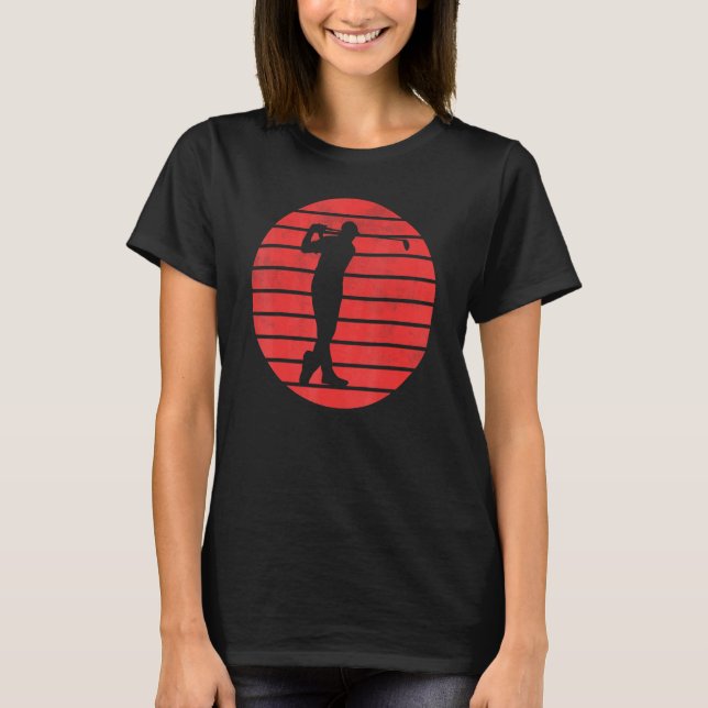 Fun Golfer Swinging Golf Club Silhouette On Red Su T-Shirt (Front)