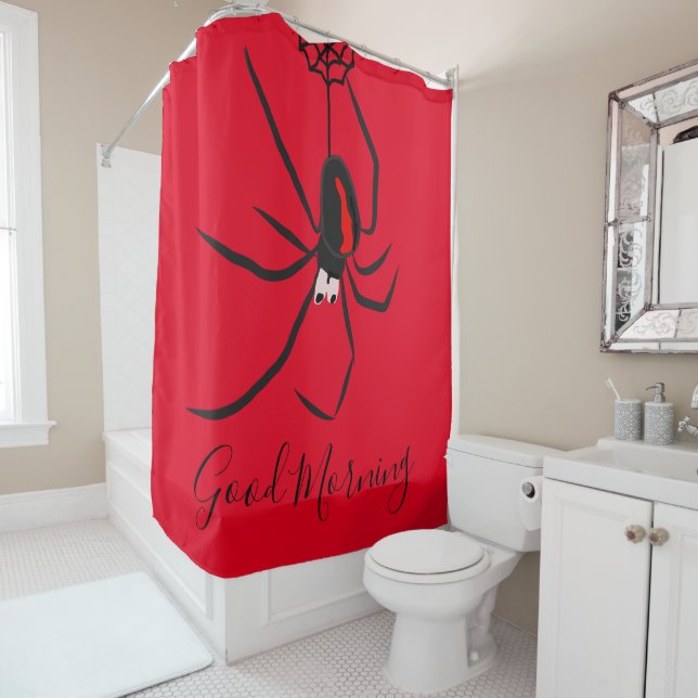 Fun Good Morning Red Back Spider Shower Curtain (In Situ)