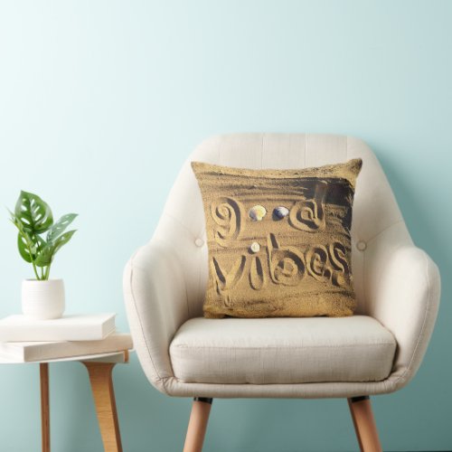 Fun Good Vibes Quote Beach Sand Shells Photo Bold Throw Pillow