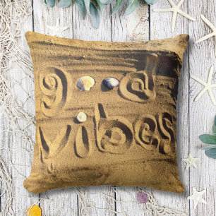 Fun Good Vibes Quote Beach Sand Shells Photo Bold Throw Pillow