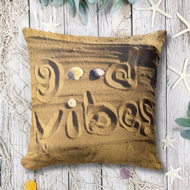 Fun Good Vibes Quote Beach Sand Shells Photography Throw Pillow (Creator Uploaded)