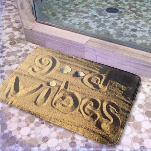 Fun Good Vibes Quote Drawn In Beach Sand Photo Bath Mat