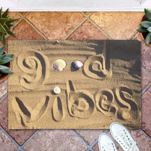 Fun Good Vibes Quote Drawn In Beach Sand Photo Doormat