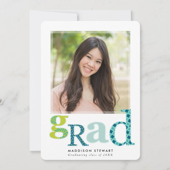 FUN GRAD chic photo modern typography green blue Invitation (Front)