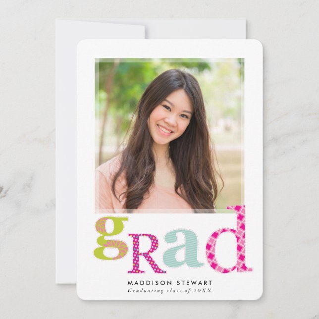 FUN GRAD chic photo modern typography pink mint Invitation (Front)