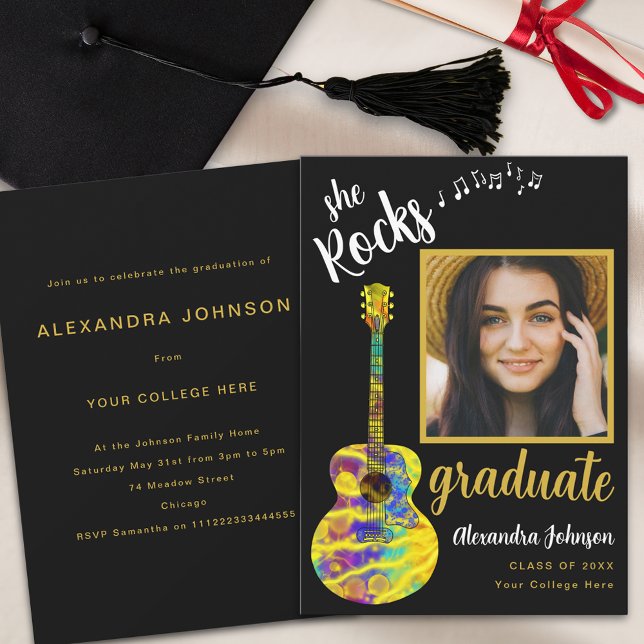 Fun Graduate Photo Gold Script Graduation Party Invitation (Fun modern graduate photo black and gold script graduation party invitation colorful guitar music)