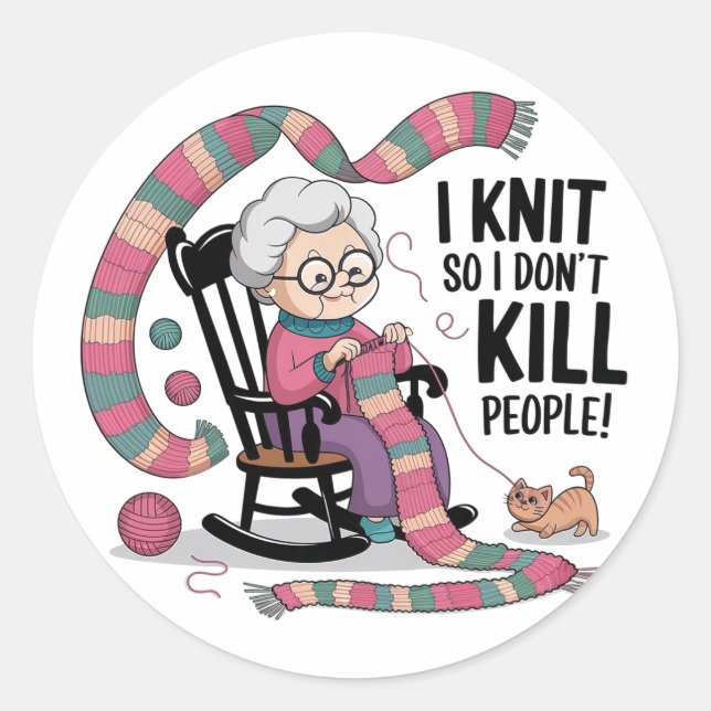 Fun Grandma Knitting Design Classic Round Sticker (Front)