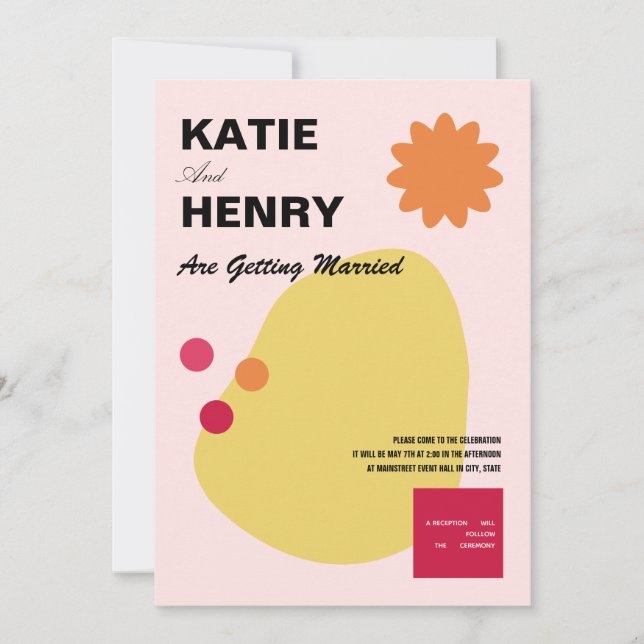 Fun Graphic Design Orange Yellow Pink Wedding Invitation (Front)