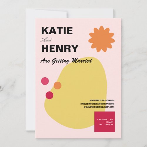 Fun Graphic Design Orange Yellow Pink Wedding Invitation