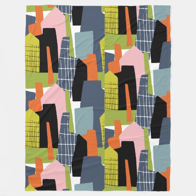 Fun graphic houses abstract modern lime green fleece blanket (Front)