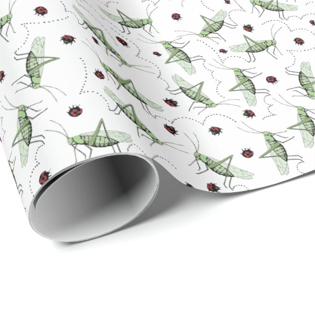 Fun Grasshopper Bug Bonanza Cute Green & Red Kids Wrapping Paper (Roll Corner)