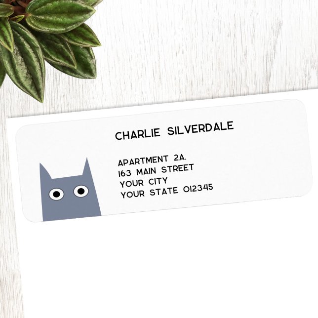 Fun Gray Cat Return Address Label (Fun blue, gray or grey cat return address labels)